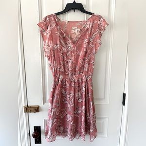 White House Black Market Flutter Sleeve Dress, Pink floral, Size L